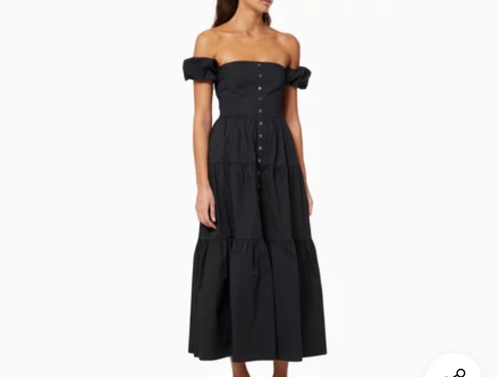 Staud Elio Off-the-shoulder Tiered Cotton Midi Dress in Black NWT
